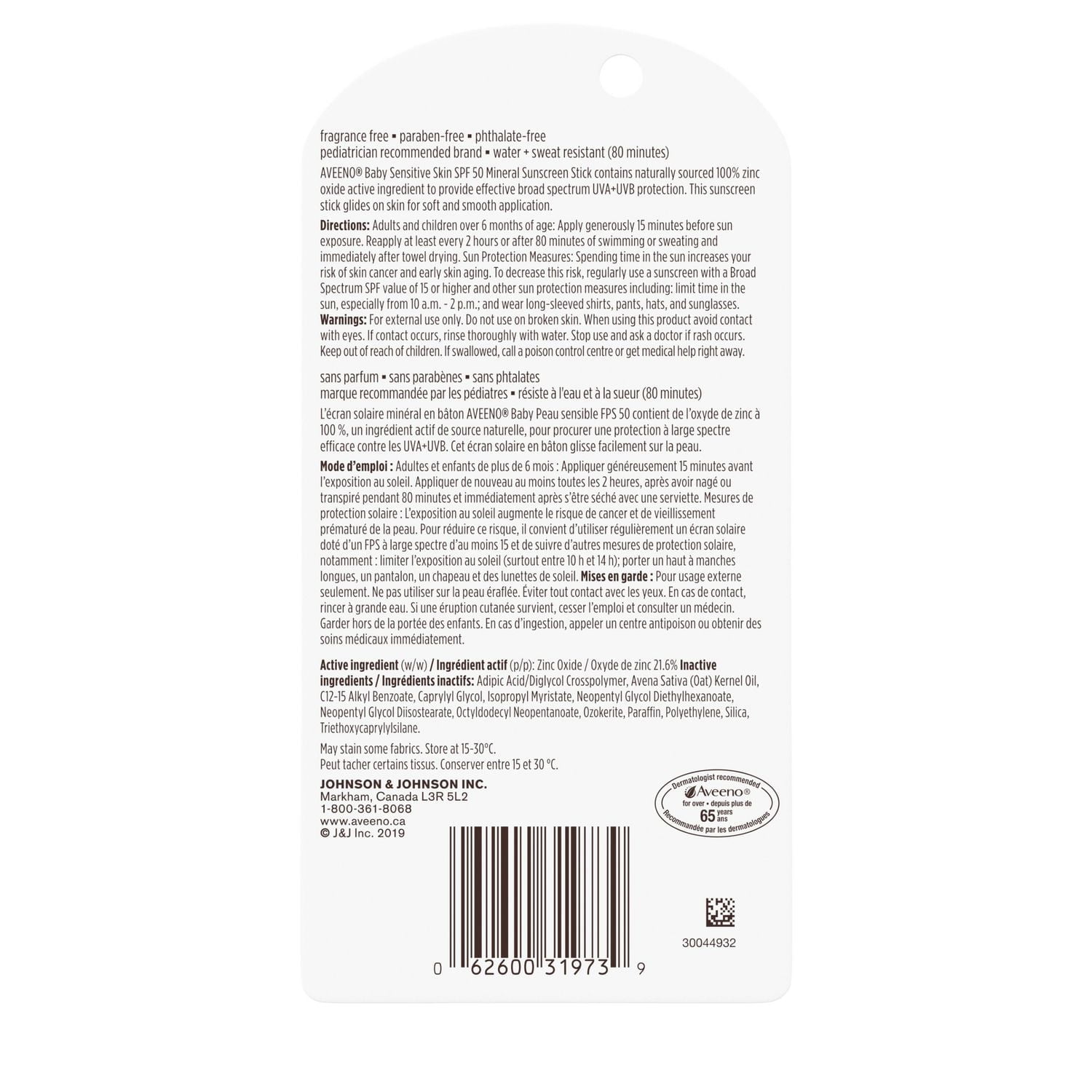 Écran solaire minéral Peau sensible Aveeno Baby avec FPS 50, bâtonnet de 13 g, avec 100 % d’oxyde de zinc, Pour le visage et le corps, Résiste à l'eau et à la sueur, Écran solaire en bâtonnet pour enf 13 g