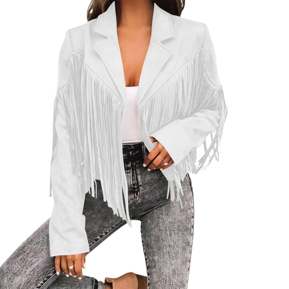 Women's Fringe Faux Suede Leather Jackets Trendy Fall Western Cropped Jacket Tassel Motorcycle Coats