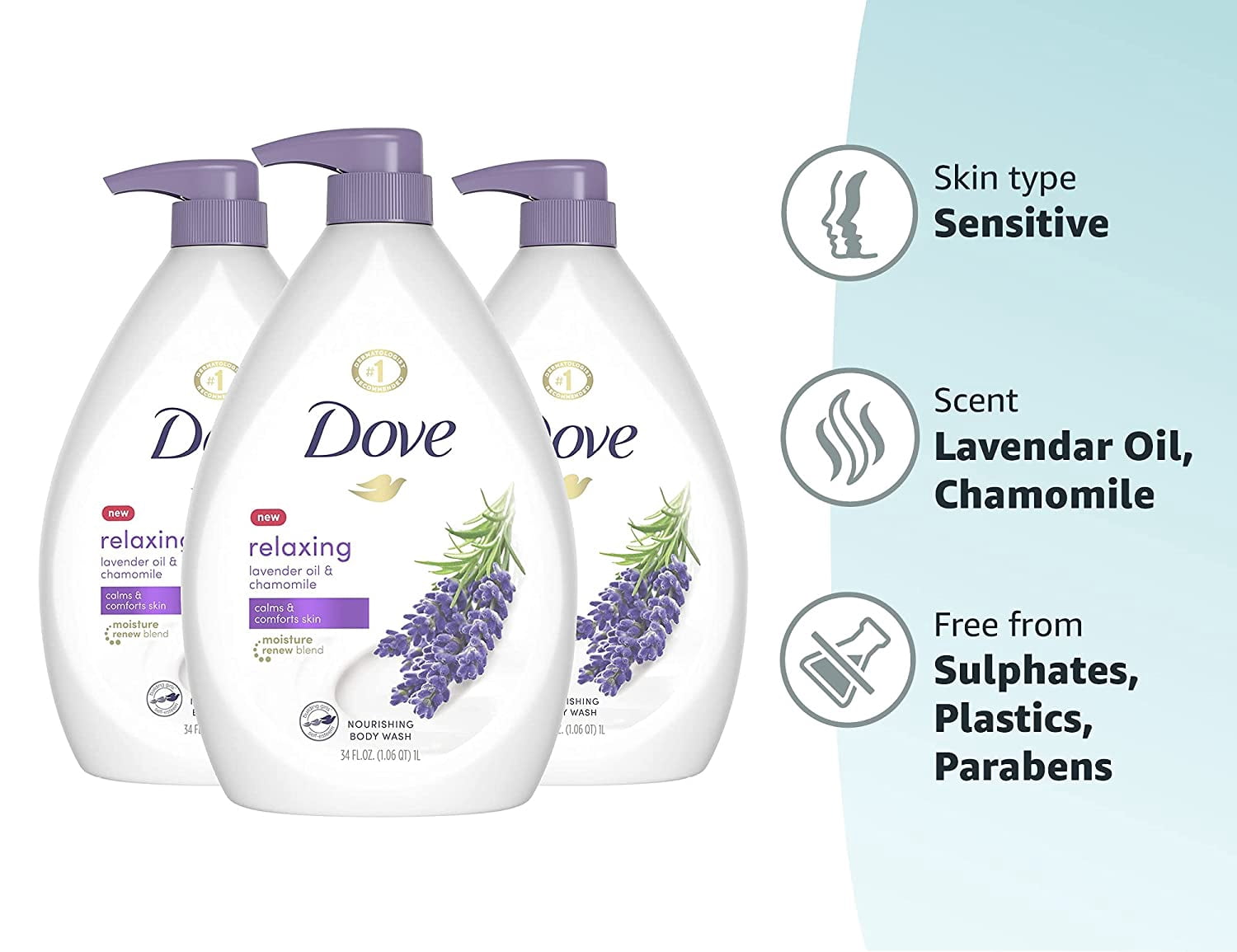 Dove Relaxing Nourishing Body Wash, Lavender Oil & Chamomile, 34 fl oz (3 pack) (Bundle)