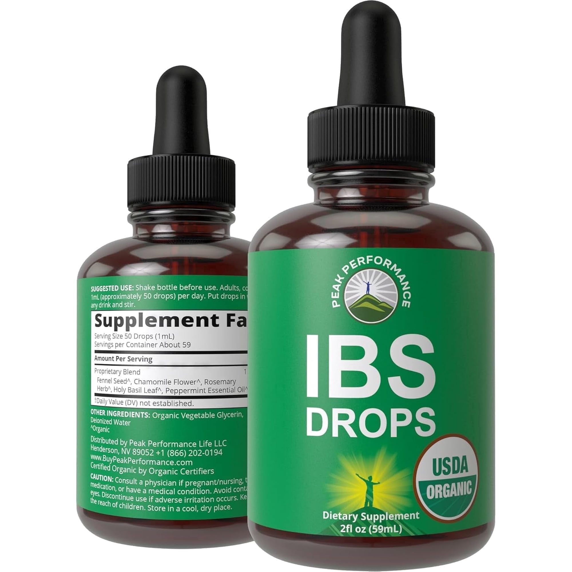 Peak Performance USDA Organic 5-in-1 Herbal Digestive Drops, Dietary Supplement for Occasional Gas, Bloating & Bowel Support, Zero Sugar, 2 fl oz