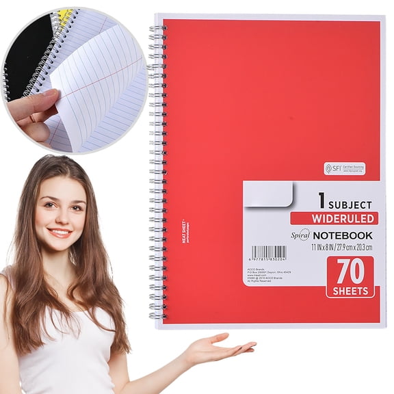 Spiral Notebook, 1 Subject Notebook, Notebook College Ruled Paper, Wide Ruled Notebook, 70 Sheets, 10-1/2" X 7-1/2", Campus Notebook Office & Class Supplies for Teachers, Red