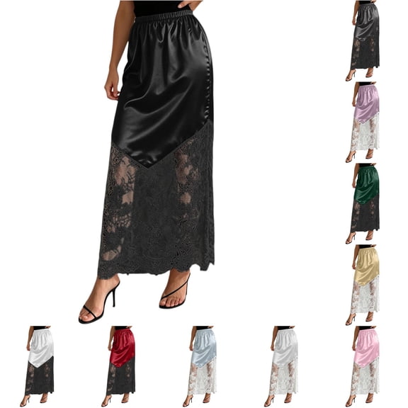 Wxolcjlv Womens Satin Maxi Skirt Elastic Waist Lace Panel Hem Skirts