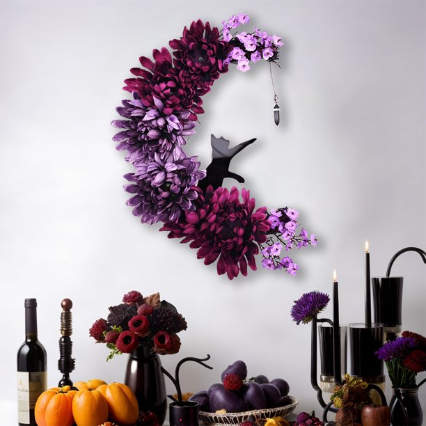 Corona de luna de Halloween con gato negro Corona de puerta de Halloween Decoraciones de Halloween