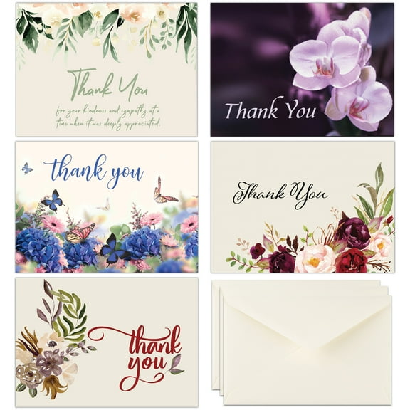 50 Funeral Sympathy Bereavement Thank You Cards With Envelopes - Message Inside VARIETY Floral