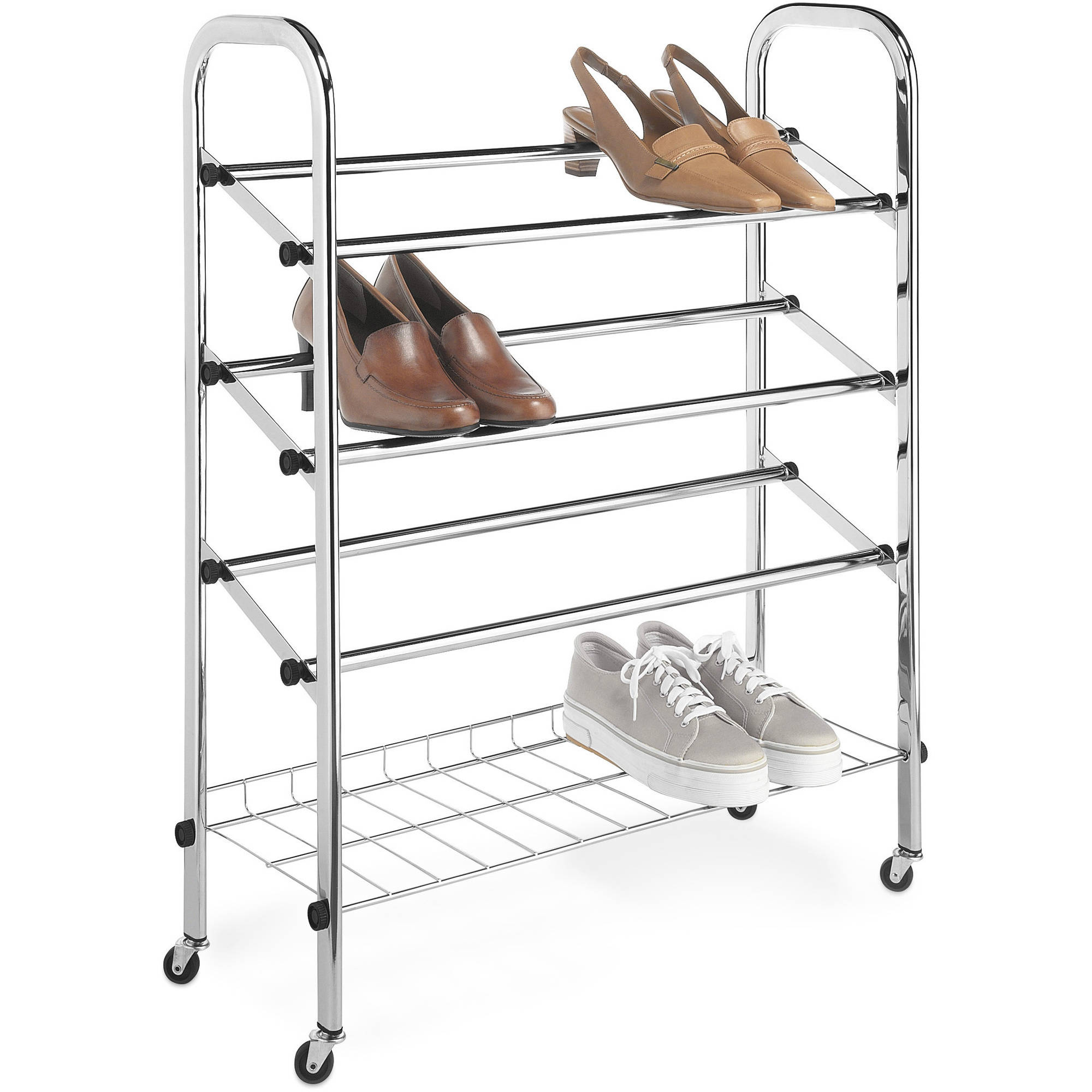 Whitmor Adjustable 4Tier Rolling Shoe Rack Chrome 9.375" x 24.75