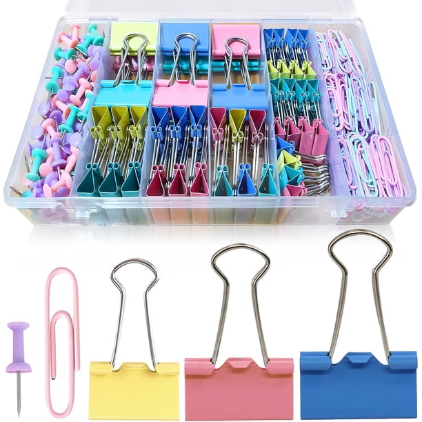 Clips de papel y clips de carpeta, juego de 240 clips de oficina de colores, pinzas de papel, clips de papel, tachuelas de pulgar, suministros