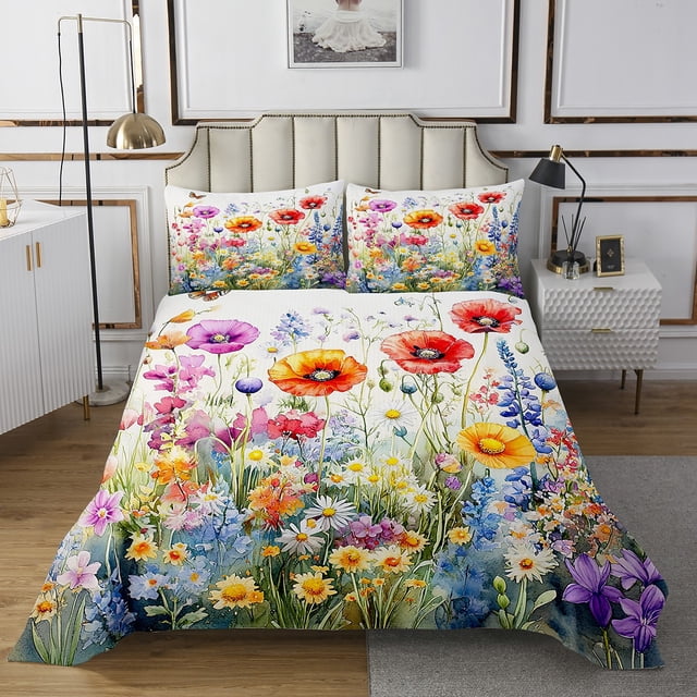 Colorful Flowers Bedspread Set Jungle Plant Coverlet Set,Boho Floral Quilt Set King,Botanical Leaves Quilted Country Butterfly Rustic Home Decor