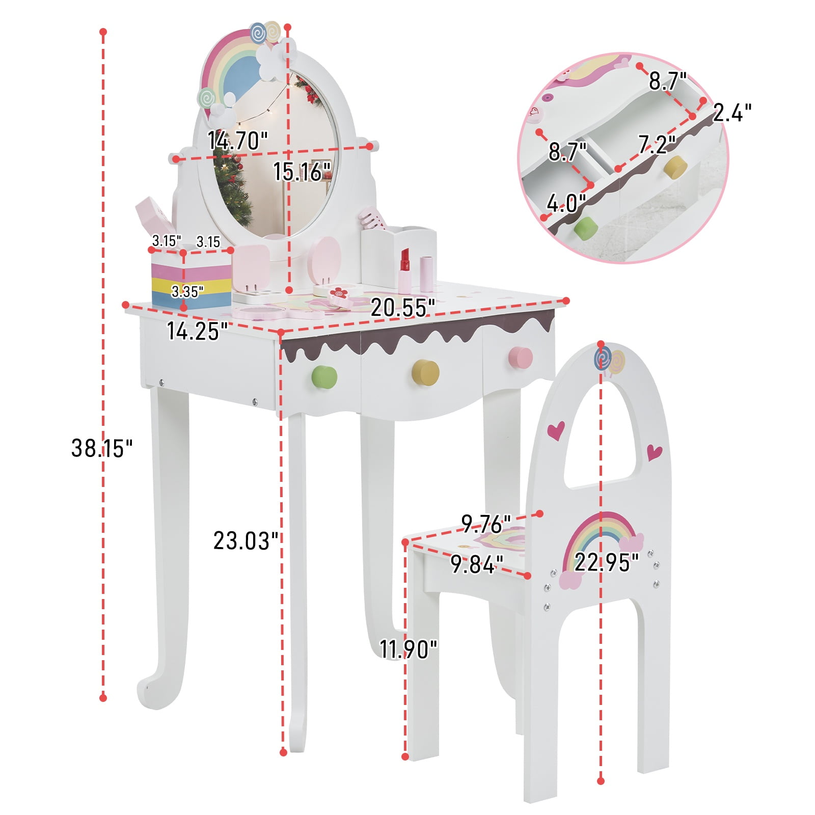 Paproos Kids Vanity with Mirror, Wood Girls Vanity Set with Drawers & Stool, Princess Toddler Dressing Table with 7Pcs Pretend Play Makeup Toys, Makeup Vanity Table for Littler Girls Aged 3+, White