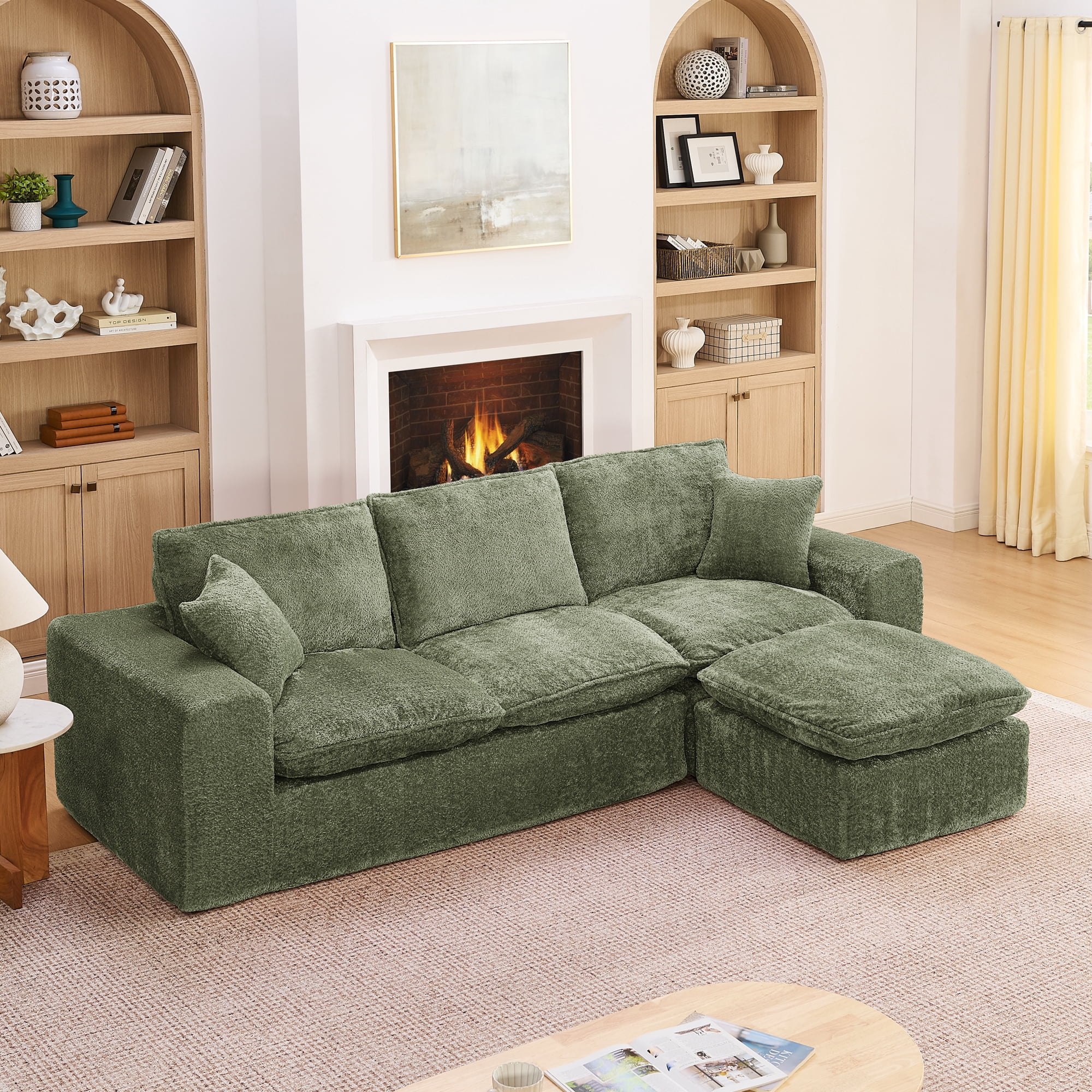 107" Boucle Sectional Sofa L Shaped Couch with Ottoman Cloud Couch 4 Seat Modular Sofa Deep Seat Living Room Furniture, Green