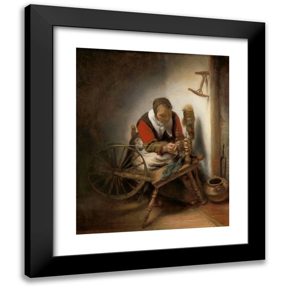 Nicolaes Maes 12x14 Black Modern Framed Museum Art Print Titled - De Spinster (1652 - 1662)