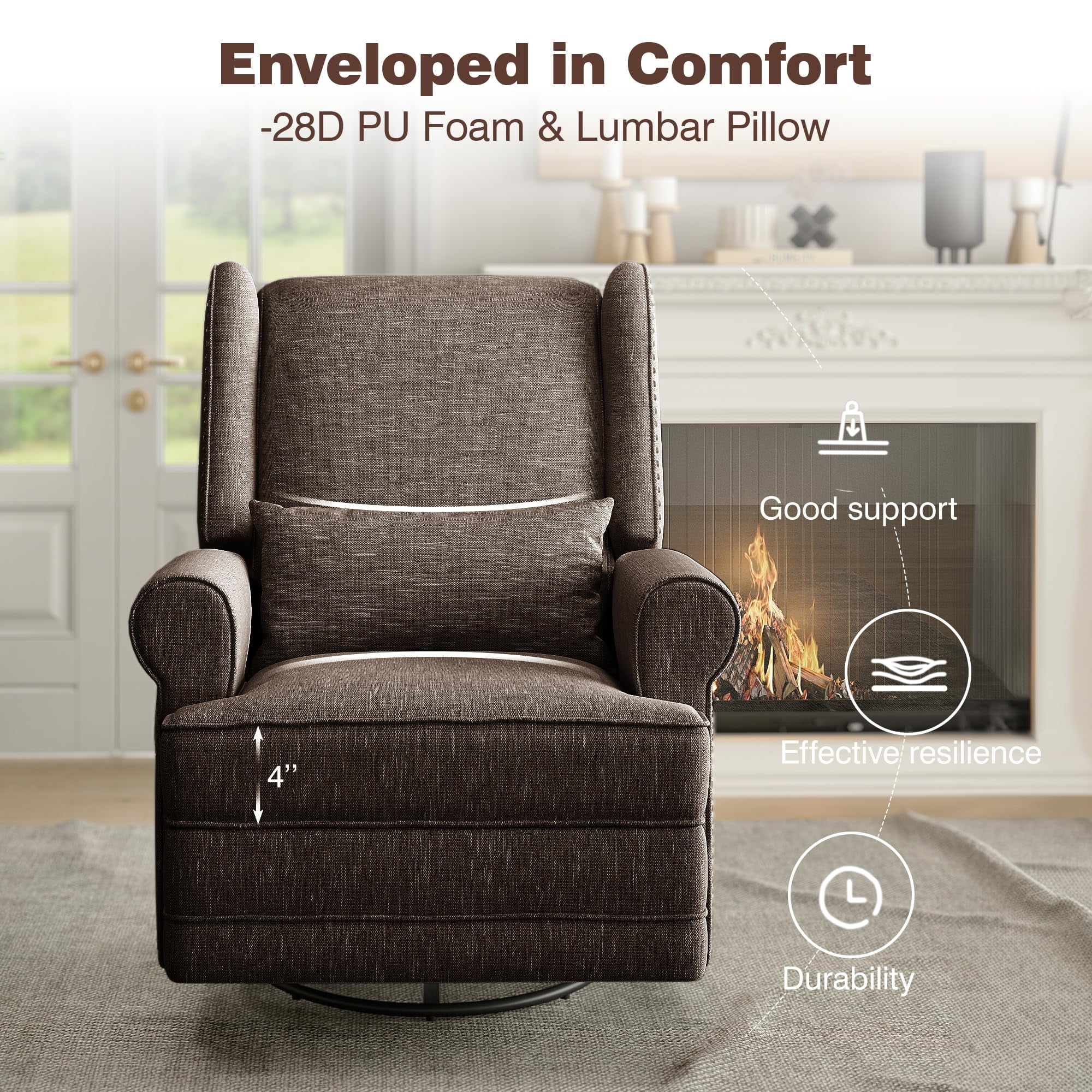 RoyalCraft Swivel Recliner Glider Rocking Chair with Lumbar Pillow and Footrest, for Bedroom, Living Room, Brown