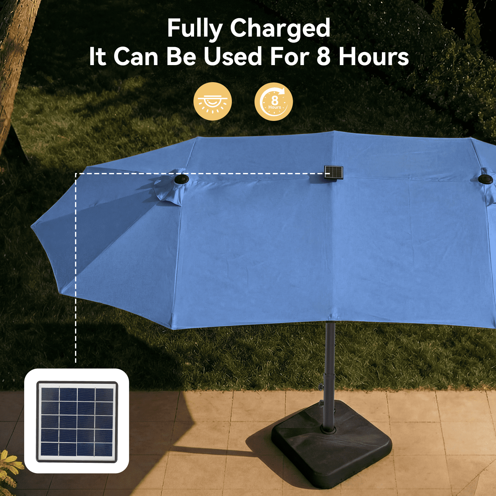 BaPiPro 15FT Blue Large Double Head Patio Umbrella with Solar LED Lights, Waterproof UV & Tear Resistant Fabric, Windproof Reinforced Steel Frame, Easy Hand Crank for Patio, Pool, Garden & Deck
