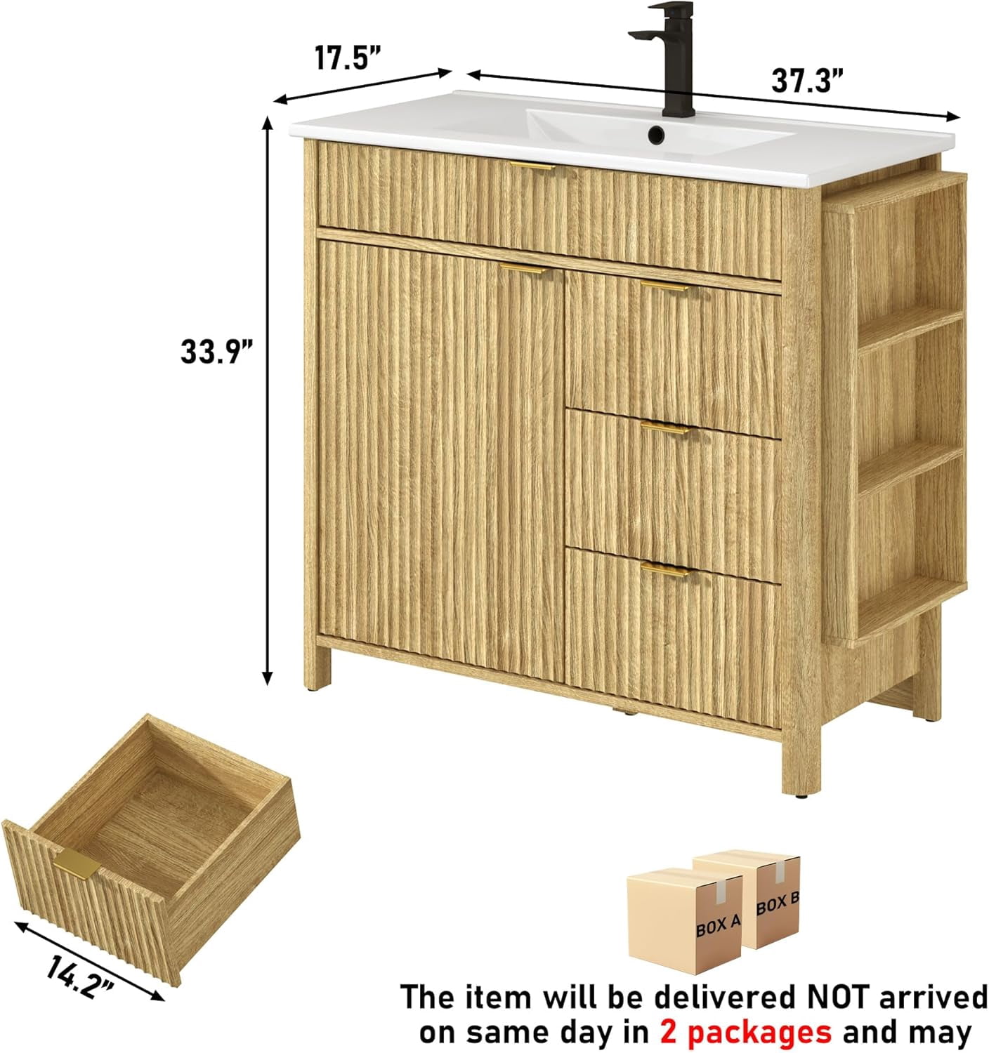ANPOO 36" Bathroom Vanity with Sink & Faucet & Sewer Pipes, Mid-Century Modern Vanity with Ceramic Basin and Fluted Soft-Close Doors, Freestanding Bath Storage Vanity Sink Combo Set