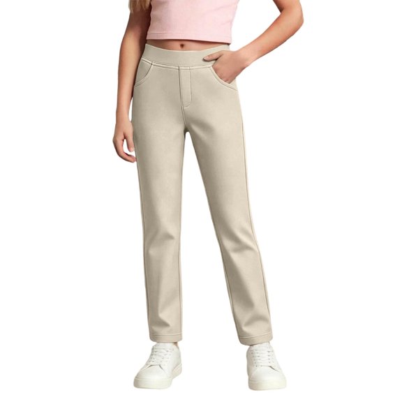 Girls School Uniform Pants Back To School Slim Fit Pocket Stretchy Elastic Waistband Solid Print Uniform Pants for Girls Size 5-6 Years