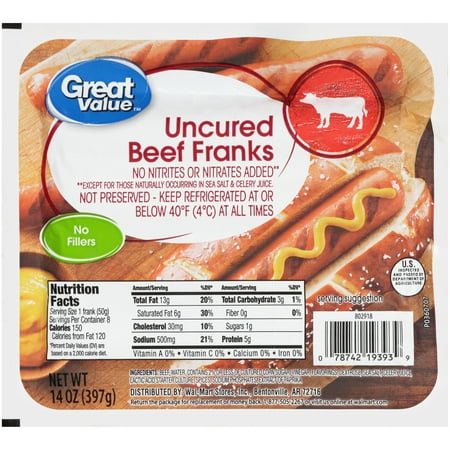 Great Value Uncured Beef Franks, 14 Oz