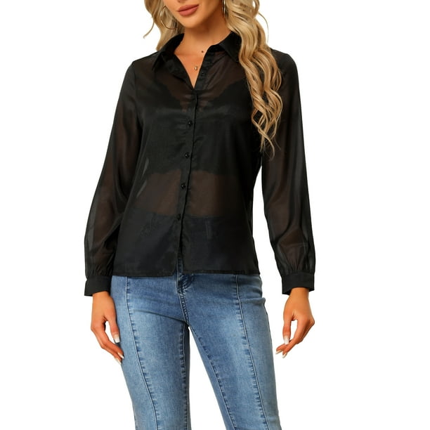 Allegra K Women's Mesh Sheer Tops Point Collar Long Sleeve Button