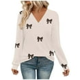 thumbnail image 3 of ZUKMRJPC Womens Long Sleeve V Neck Shirt Fall Fashion Cute Bow Tunic Tops Lightweight Casual Trendy Cotton Work Pullover Tops, 3 of 7