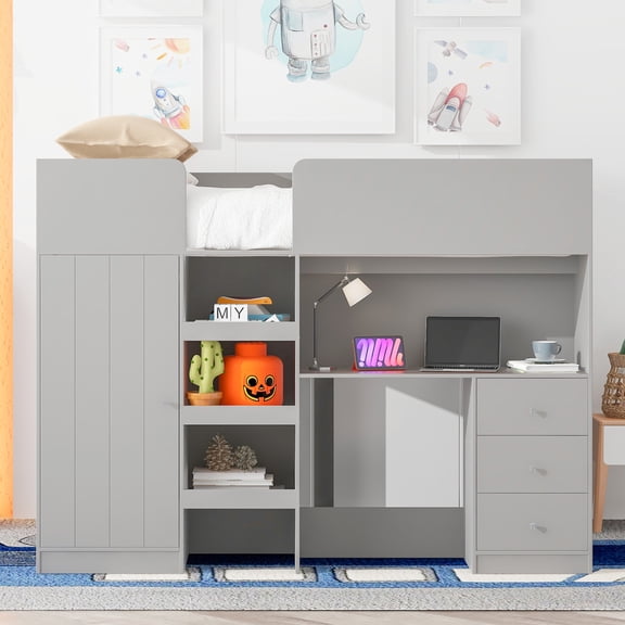 MODERNLUXE Wood Full Size Loft Bed with Desk and Shelves, Built-in Wardrobe and Drawers, Gray