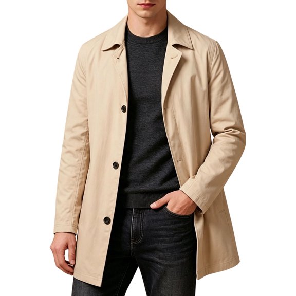 Gfyviroh Men's Mid-Length Trench Coat Lightweight Solid Button Front Casual Jacket Long Sleeve Lapel Business Office Coat