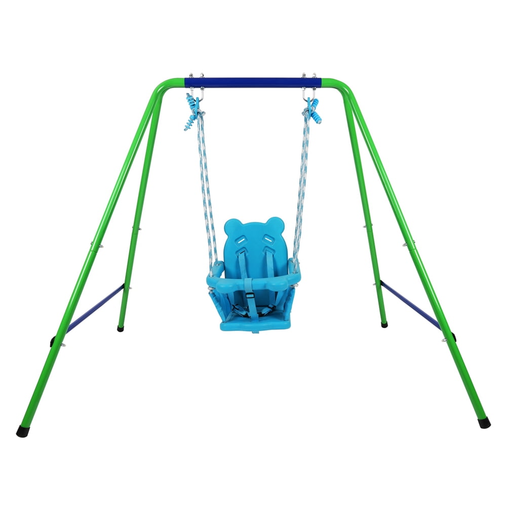 Folding Toddler Blue Secure Swing Set With Safety Seat For Indoor