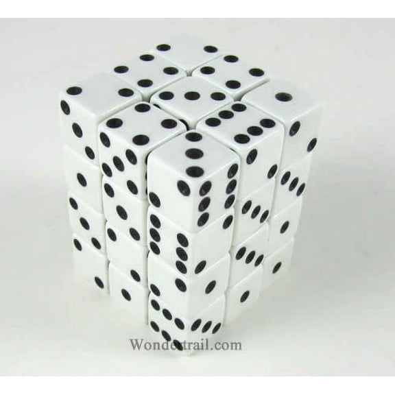 White Opaque Squared Corner Dice with Black Pips D6 12mm (1/2in) Pack of 36 Koplow Games