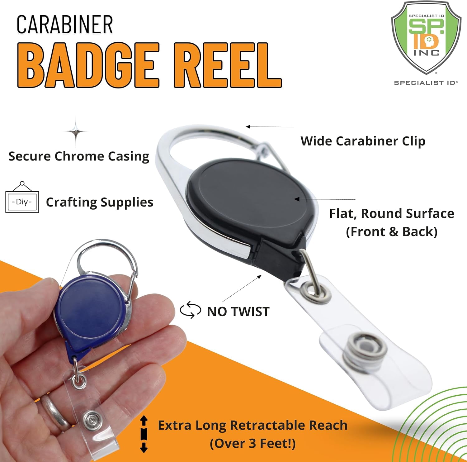 Professional Twist Free Carabiner Badge Reel with Long 34" Reach - Round No Twist Retractable Lanyard Clip for Crafting, Office & Government Premium Badge Holders by Specialist ID (Blue)