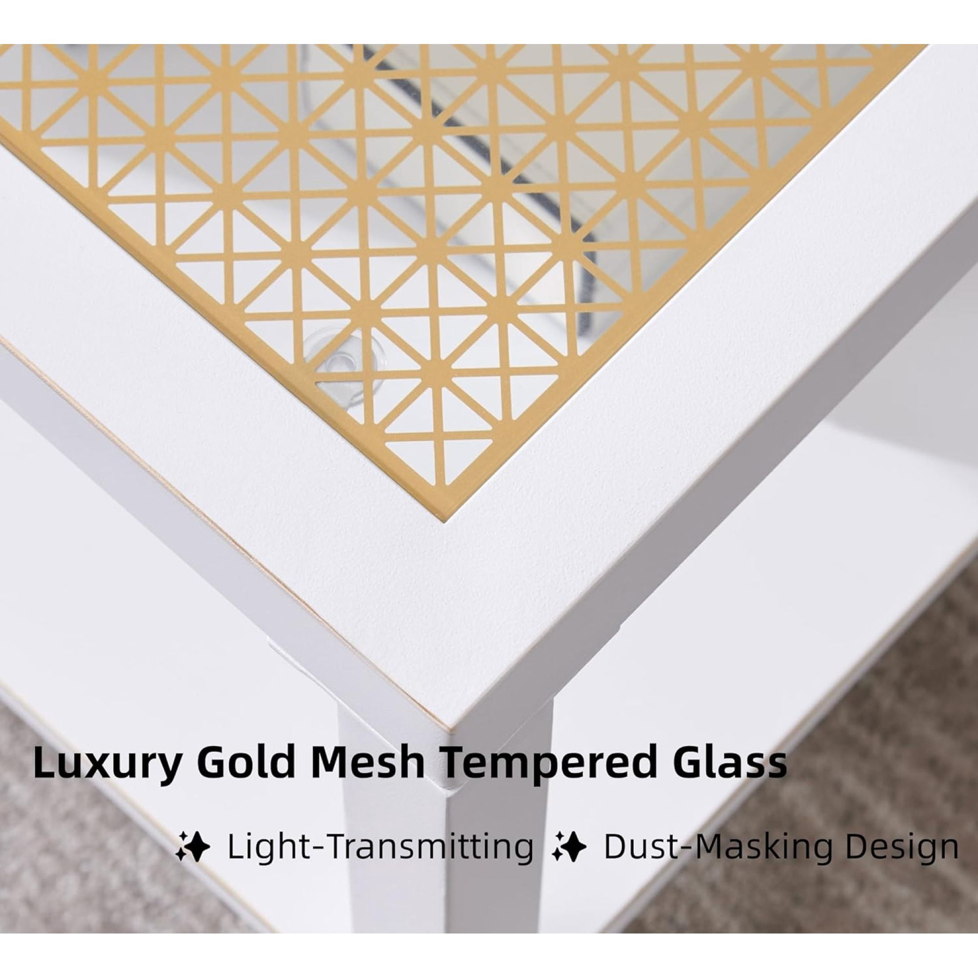 Leumius Modern Square Coffee Table, 27.6" Crisp Metal Frame, Luxe Gold Glass Top for Living Room Office White