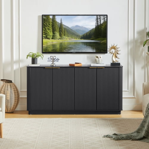 63 Inch Vertical Stripe Buffet Cabinet Sideboard, Curved Wave Design Storage Console with Doors for Dining Room, Living Room, Hallway, Black