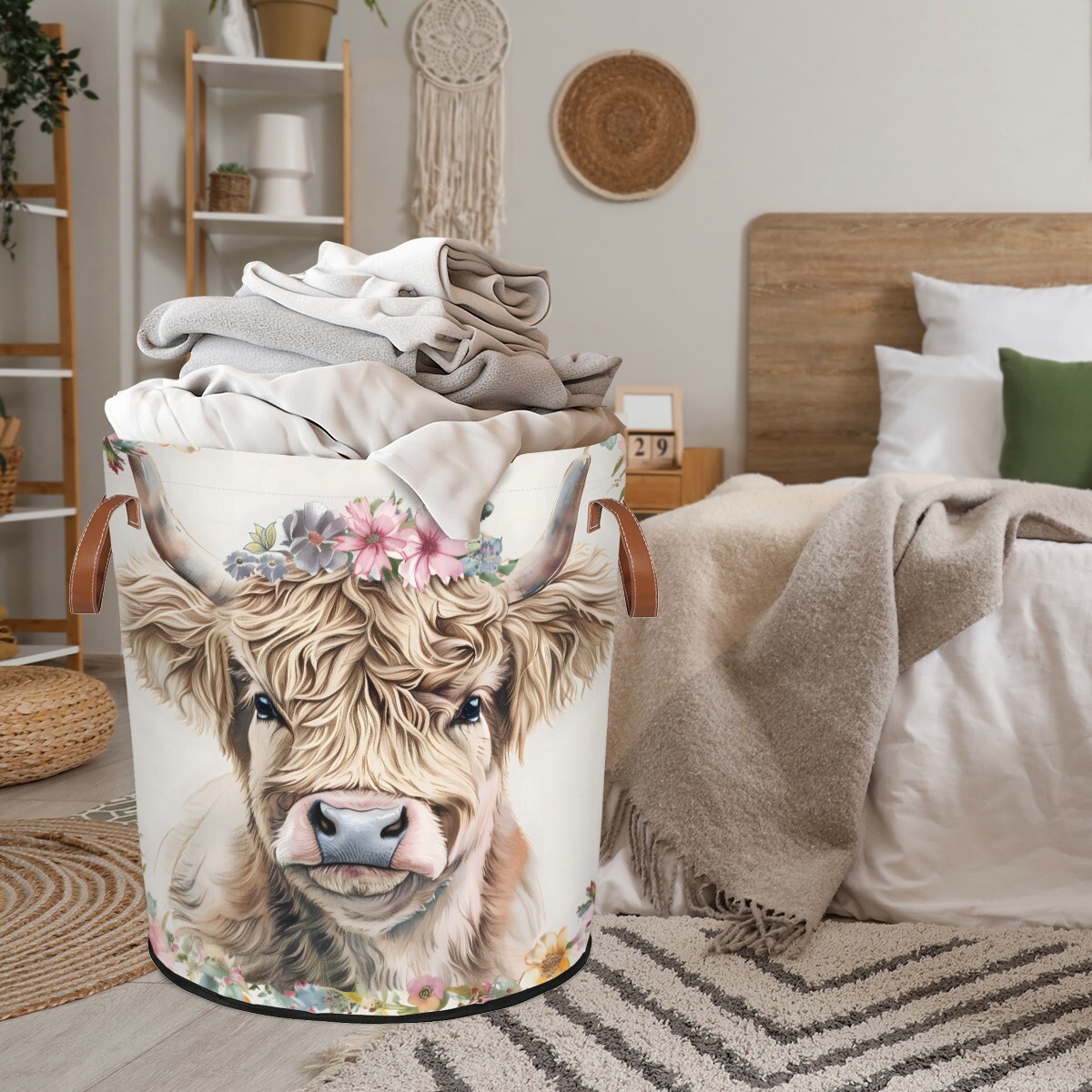 ADECORIVY Highland Cow Laundry Basket Waterproof Collapsible Hamper With Handles Oxford Cloth Dirty Clothes Tote for Bathroom, Bedroom, Living Room