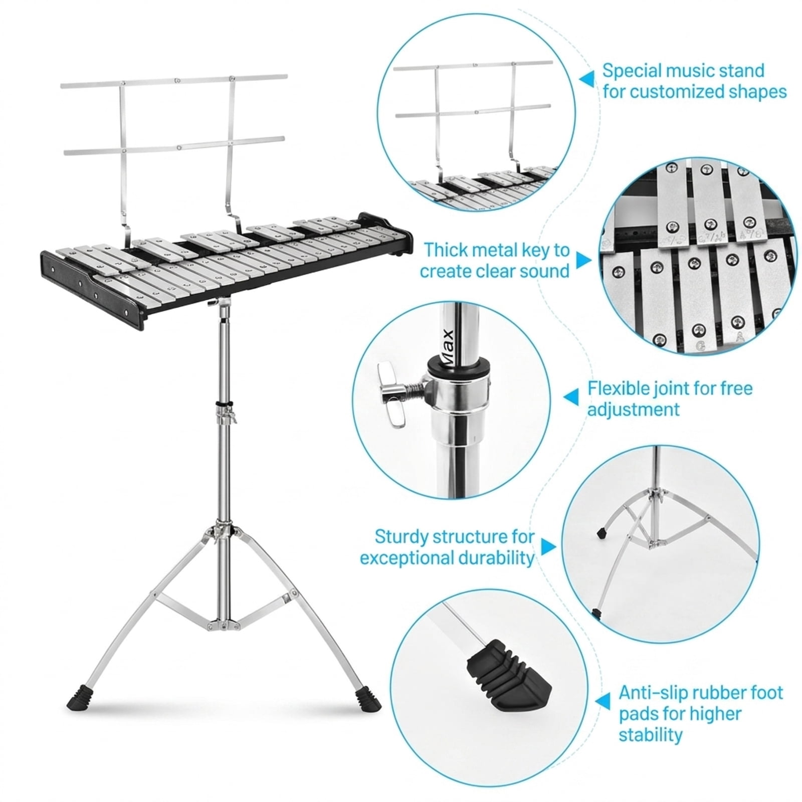 Redsmile 32-Note Glockenspiel Xylophone Bell Kit with Adjustable Steel Stand and Mallets for Students and Bands, Black