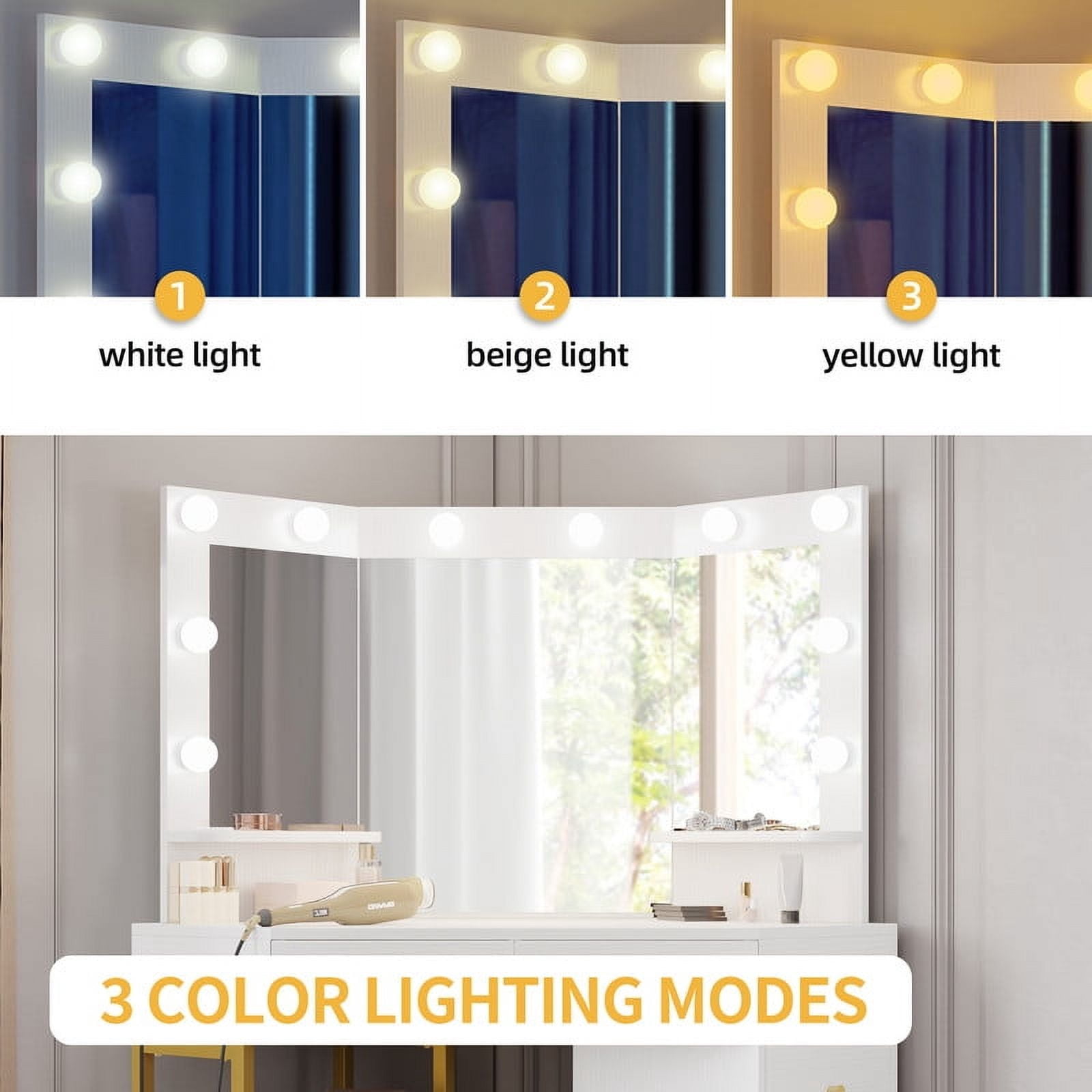 Uforic Corner Vanity Desk Set with LED Lighted Mirror and Charging Station, White, 6 Drawers