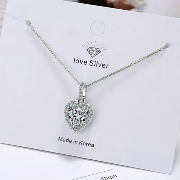 MATROOY Fashion Womens 925 Sterling Silver Crystal Heart Pendant Necklace Chain Jewelry-silver