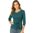 thumbnail image 1 of INSPIRE CHIC Women's Button Decor V Neck 3/4 Sleeve Solid Blouse Knitted Ruched Top, 1 of 6