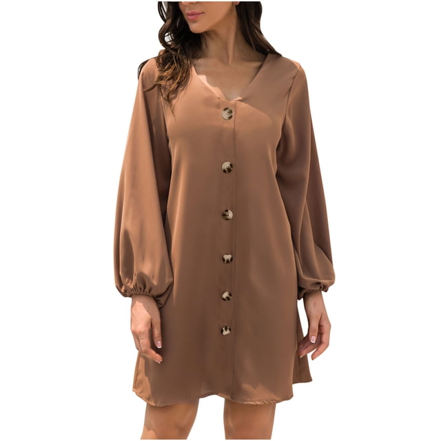 Moda casual mujer cuello pico suelto color sólido sexy manga larga linterna manga botón vestido Fridja NMB4009