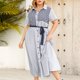 thumbnail image 5 of Vestido camisero de talla grande con cordones y solapa con estampado de rayas de manga corta informal de verano a la moda para mujer Pompotops ghjkhdj18654, 5 of 9