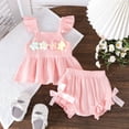 thumbnail image 4 of Huanglei Summer Baby Girls Outfit With Puff Sleeve Floral Top And Bow Tailored Shorts For Cute Everyday Wear Solid Color Outfits Set ,12-18 Months ,Red, 4 of 5