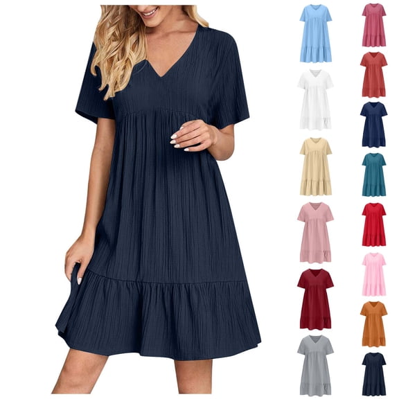 Asxite Plus Size Summer Dresses for Women Casual Solid V Neck Short Sleeve Midi Sundress