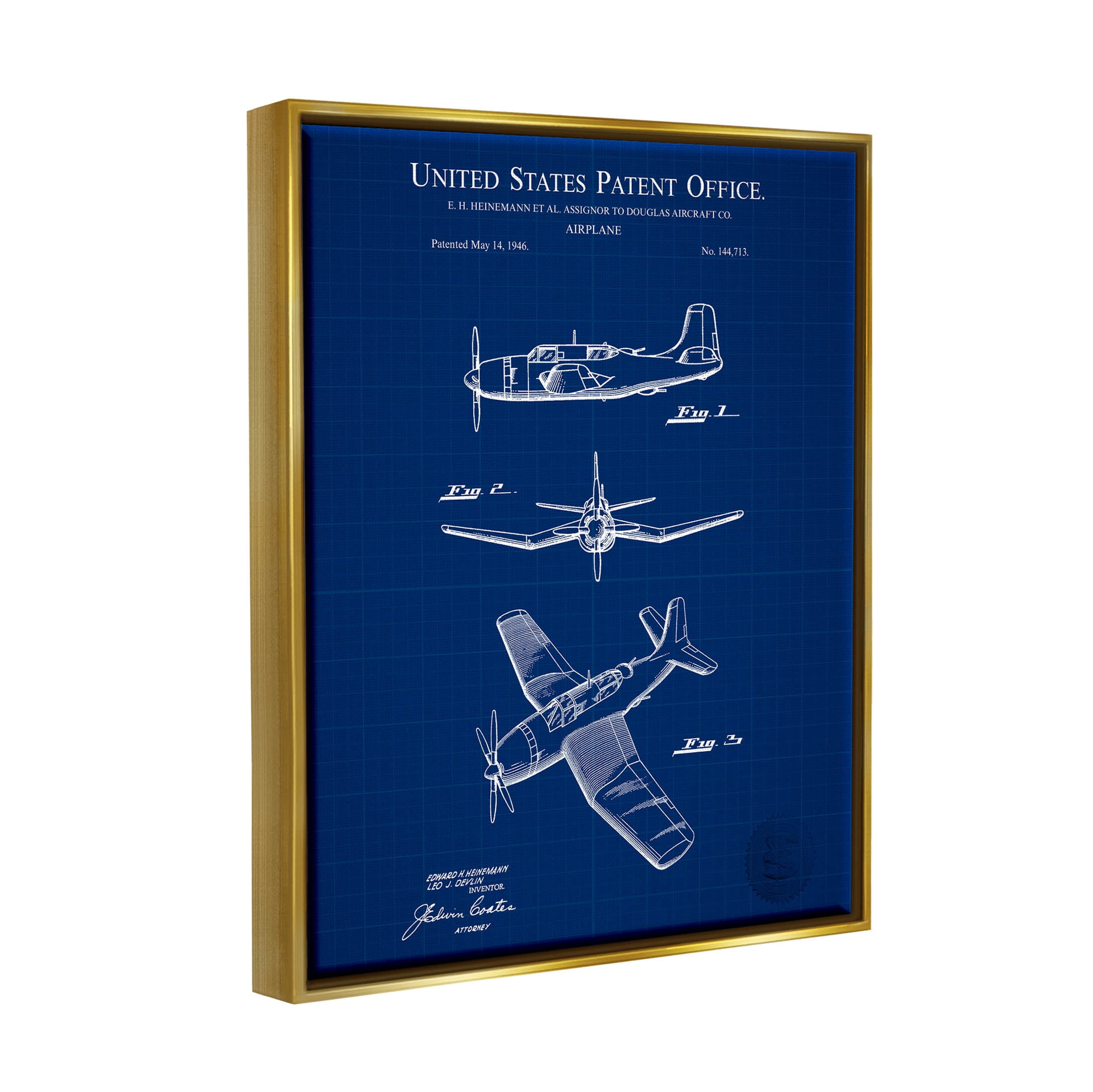 Stupell Industries Intricate Aircraft Vehicle Blueprint Graphic Art Metallic Gold Floating Framed Canvas Print Wall Art, Design by Karl Hronek