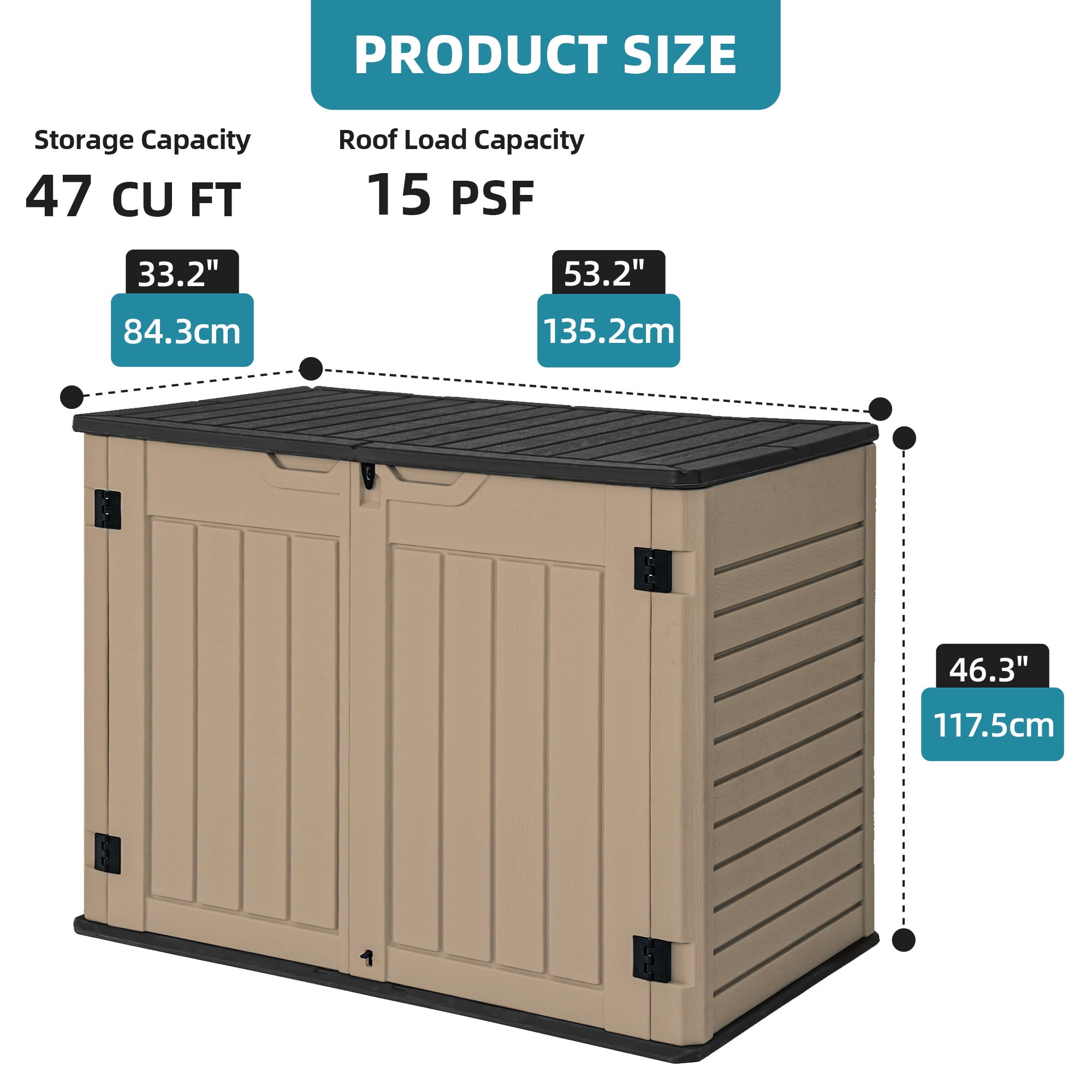 Uforic Large Outdoor Storage Shed, 47 Cu Ft Resin Tool Shed Without Shelves, Waterproof Storage with Built-In Floor for Trash Cans, Garden Tools and Lawn Mowers, Lockable Design, Brown + Black