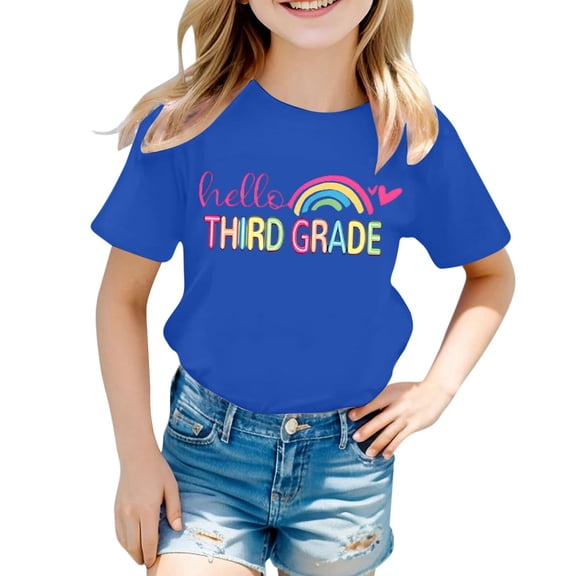 Tisuna Teen Girls Third Grade T Shirts Letter Print Short Sleeve Crew Neck Tops Regular Fit Kids Back To School T-Shirts Size 1-2 Years Blue