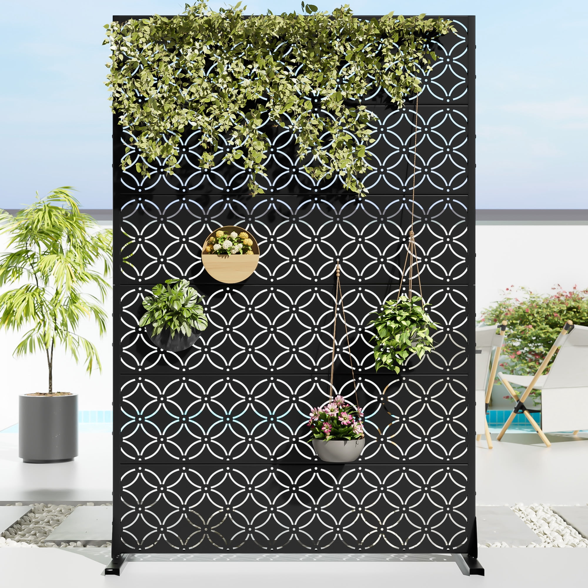 MAYEERTY 72*47" Outdoor Black Metal Privacy Panel Screen for Patio, Coin Pattern