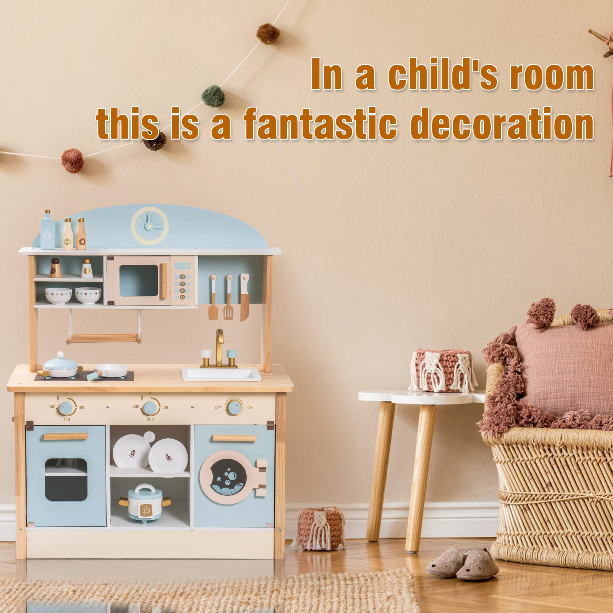 Robud Luxury Kids Play Kitchen Playset, Wooden Pretend Playset with Microwave Oven, Clock,Towel Rack,Toy for Toddler,Blue