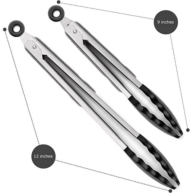 Juego de 2 pinzas de cocina negras, silicona de alta calidad, pinzas para asar de acero inoxidable antiadherentes BPA, 9" y 12". brillar Electrónica