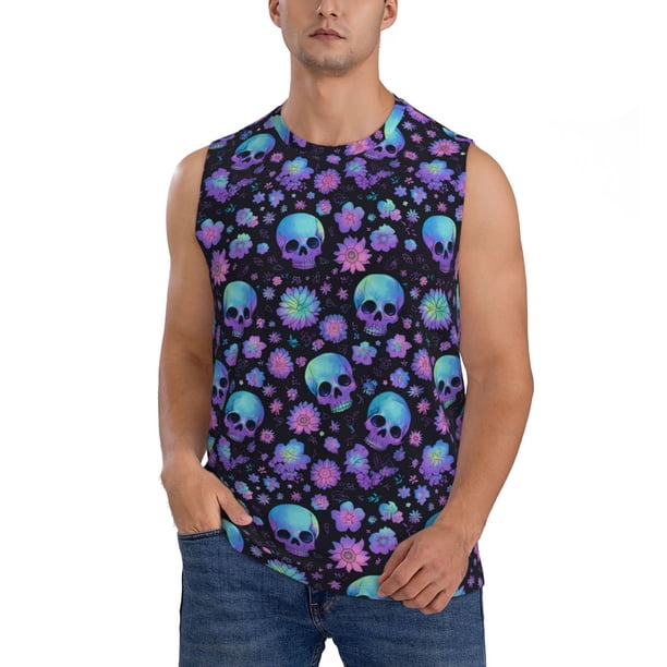Fotbe purple Skull flower Men's Camiseta sin Mangas Estampada para Hombres, Playera Casual para Gimnasio, Entrenamiento, Playa-Small
