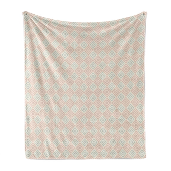 Shabby Flora Soft Flannel Fleece Blanket, Vintage Style Nested Diamond Line Tile Pattern Shabby Form Ornament, Cozy Plush for Indoor and Outdoor Use, 50" x 70", Peach Coral Pale Blue, by Ambesonne