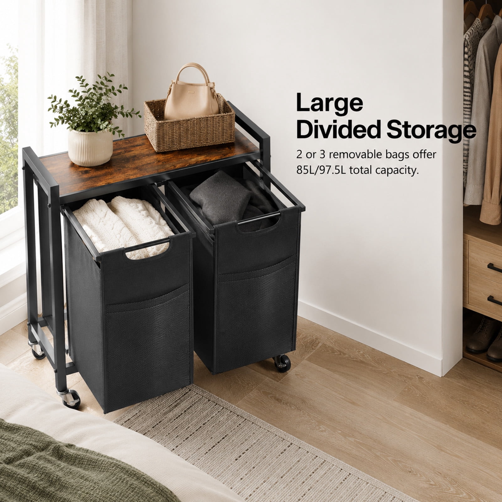 Alvantor Laundry Hamper 2/3 Section, 2 × 11.2 Gal (42.5 L)/3 × 8.6 Gal (32.5 L), Rolling Laundry Basket, Pull-Out and Removable Oxford Fabric Laundry Bags