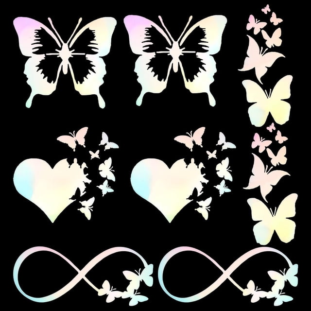8 hojas de calcomanías de vinilo con diseño de mariposas para coche, reflectantes, de colores, para parachoques, con diseño de mariposas, corazones, alas de amor