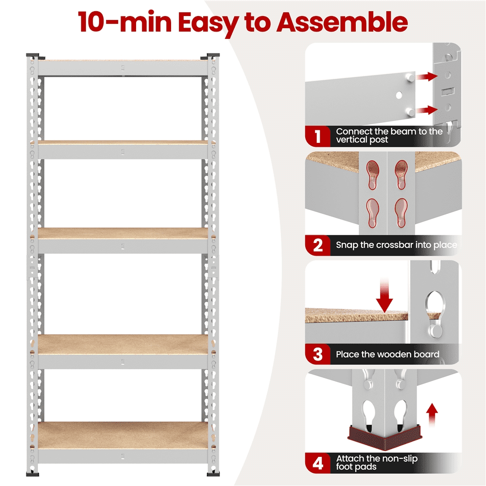 Alden Design 5-Shelf Boltless & Adjustable Steel Storage Shelf Unit, Silver, Holds up to 330 lb Per Shelf