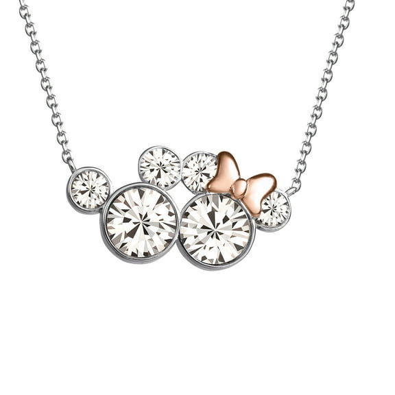 Disney Women's Mickey and Minnie Mouse Silver Plated Crystal Necklace, 16" 2"