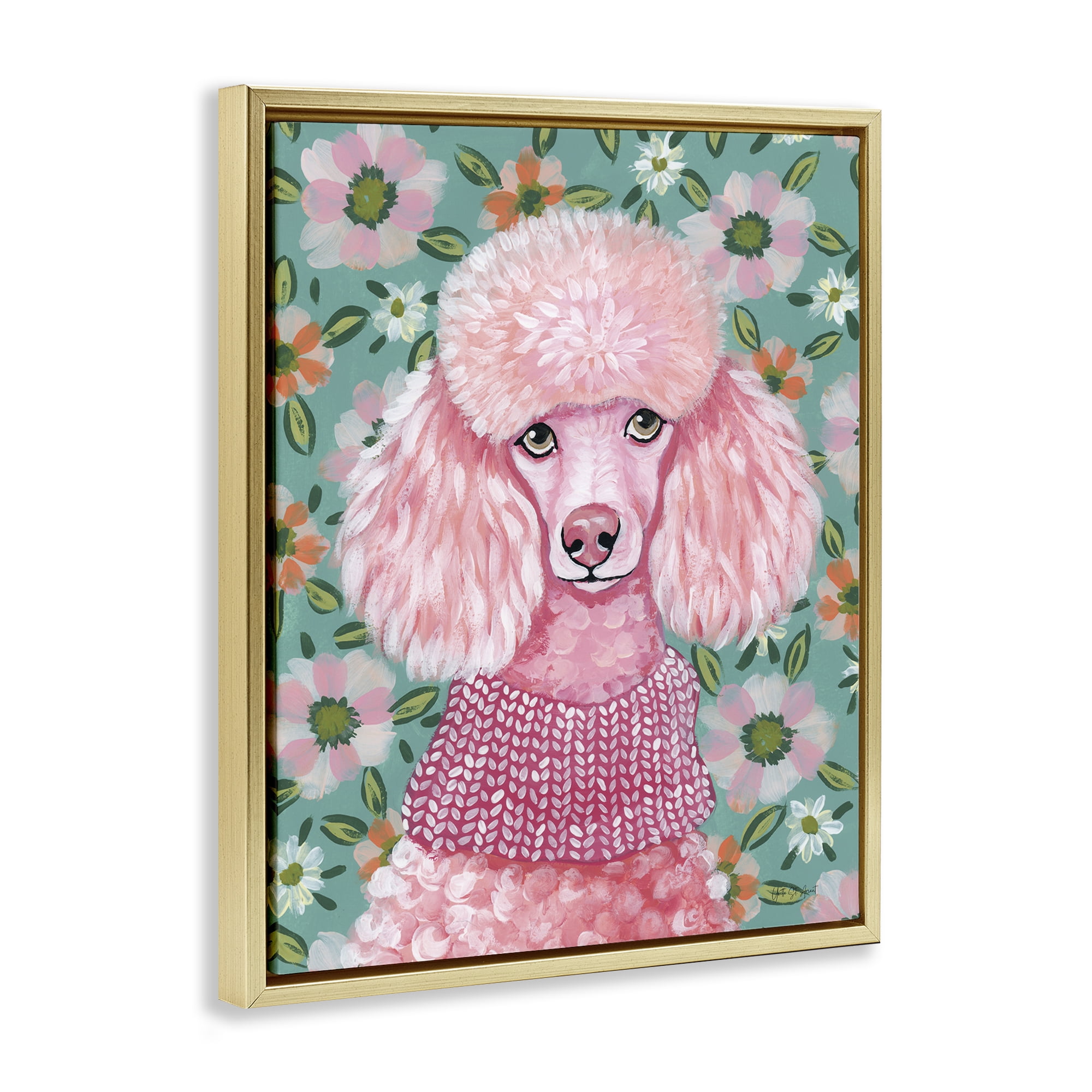 Stupell Industries Floral Poodle In Pink Gold Framed Floater Canvas Wall Art, design by Yvette St. Amant